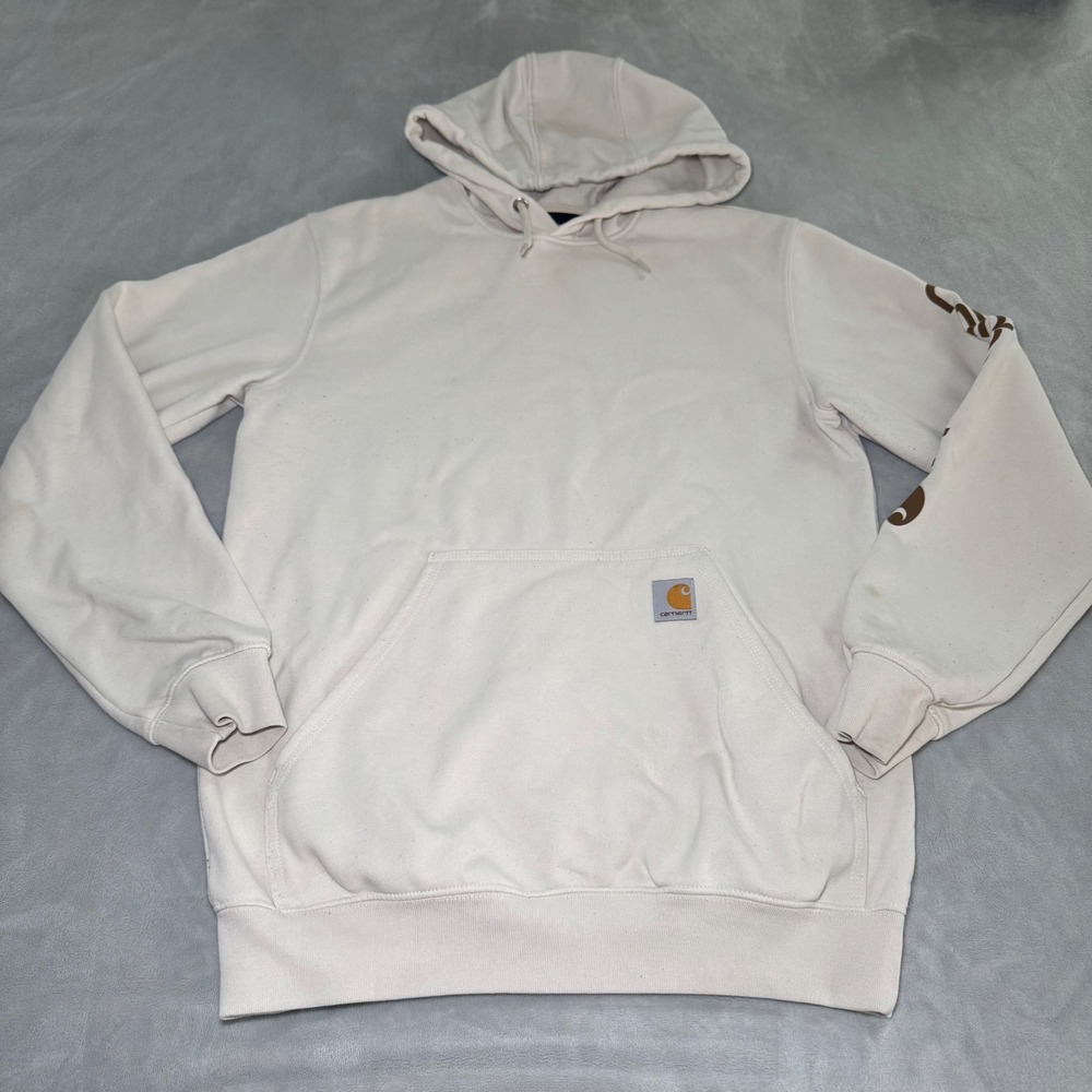 Carhartt Loose Fit Hoodie Cream Off-White Sleeve Logo Graphic Sweatshirt Men's S